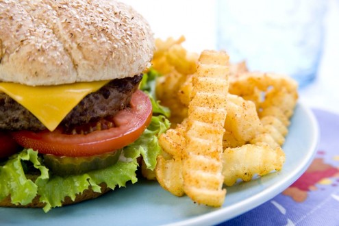 Cheeseburger on plate with French fries